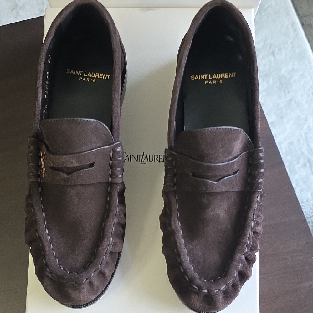 Saint Laurent Brown Suede Penny Loafers with Gold YSL Accent - Picture 8 of 13